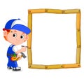 Carpenter with hammer and wood frame Royalty Free Stock Photo