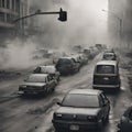 Illustration of cars traffic in a city with pollution, smoke and garbage