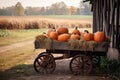 Illustration of a cart with pumpkins in a farm field Royalty Free Stock Photo