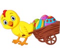Cartoon baby chick pulling a cart full of Easter eggs