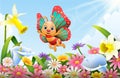 Cartoon bee flying over flower field