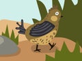 Illustration of a cartoon bird in the grass. An illustration with a funny quail. A quail at its usual place of