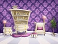 Illustration of a cartoon book cabinet with white furniture for little princesses