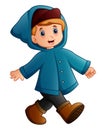 Cartoon boy in blue winter jacket walking