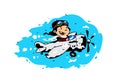 Illustration of a cartoon boy flying in a plane among the clouds. Vector illustration. Image is isolated on white background. Royalty Free Stock Photo