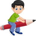 Cartoon boy riding a flying pencil Royalty Free Stock Photo