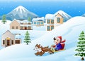 Cartoon boy riding sled on the downhill pulled by two dogs Royalty Free Stock Photo