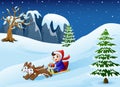 Cartoon boy riding sled on the downhill pulled by two dogs Royalty Free Stock Photo