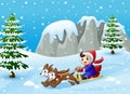 Cartoon boy riding sled on the downhill pulled by two dogs Royalty Free Stock Photo