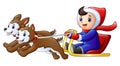 Cartoon boy riding a sleigh pulled by dog Royalty Free Stock Photo