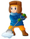 Cartoon boy shoveling snow