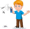 Cartoon boy spraying insect killer to mosquitoes