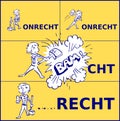 Illustration of a cartoon boy transforming the Dutch word `onrecht` to `recht`