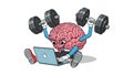 Brain Training Cartoon Brain Lifting Weights, Using Laptop Royalty Free Stock Photo