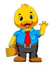 Cartoon business duck in full suit and holding suit case