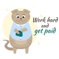 Vector illustration with a fold cat. Receiving a salary for work. Cute brown cat with money in the wallet. Flat illustration.