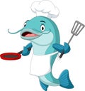 Cartoon catfish chef holding a frying pan and spatula Royalty Free Stock Photo