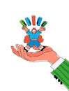 Illustration of a cartoon character with books or boxes. Vector. Mascot for the company. Metaphor big caring hand holds a man. Cha