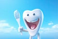 Illustration of cartoon cheerful beautiful white teeth with a toothbrush.