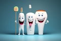 Illustration of cartoon cheerful beautiful white teeth with a toothbrush.