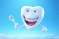 Illustration of cartoon cheerful beautiful white teeth with a toothbrush.