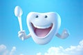 Illustration of cartoon cheerful beautiful white teeth with a toothbrush.