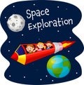 Cartoon children flying with rocket pencil in outer space