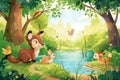 Illustration of a cartoon children's fairy tale about animals. Young forest critters playing by a pond, surrounded
