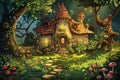 Illustration of a cartoon children's fairy tale. Mystical stone cottage in a twilight forest, aglow with fireflies Royalty Free Stock Photo