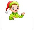 Cartoon christmas elf waving at a blank sign Royalty Free Stock Photo