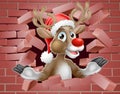 Santa Hat Reindeer Cartoon Breaking Brick Wall