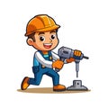 Cartoon construction worker using drill for construction task Royalty Free Stock Photo