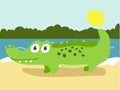 Illustration of a cartoon crocodile walking on the shore. An illustration with a funny crocodile. The crocodile