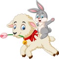 Cartoon cute bunny riding a lamb Royalty Free Stock Photo