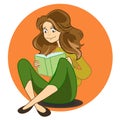 Illustration of cartoon cute girl reading book in library Royalty Free Stock Photo