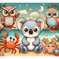 Cartoon cute Koala, owls and crab on the beach Royalty Free Stock Photo