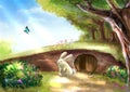 Illustration of cartoon cute white rabbit bunny is standing near