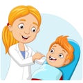 Cartoon doctor dentist checking boy teeth