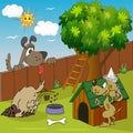 A cartoon doghouse kennel near a fence and a tree