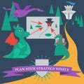 Illustration with cartoon dragons planning to capture the royal