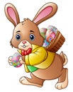 Cartoon Easter Bunny Carrying A Basket Full Of Eggs