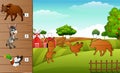 Cartoon farm animals collection set. Find the correct shadow on board. Educational game for children Royalty Free Stock Photo