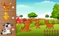 Cartoon farm animals collection set. Find the correct shadow on board. Educational game for children