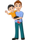 Cartoon father carrying a son in his arms