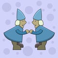 Illustration cartoon figures from a fairy tale in the form of dwarfs in pointed hats in a mirror image on a purple background