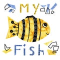 Illustration with cartoon fishes and letter. Hand drawing with a flock of marine mammals. Kids products, print, fabrics,