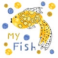 Illustration with cartoon fishes and letter. Hand drawing with a flock of marine mammals. Kids products, print, fabrics,