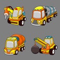 illustration of a cartoon of four cute construction toy cars