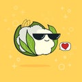 Illustration cartoon funny cauliflower icon with black sunglasses isolated, vegan concept