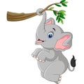 Cartoon funny elephant playing on a tree branch